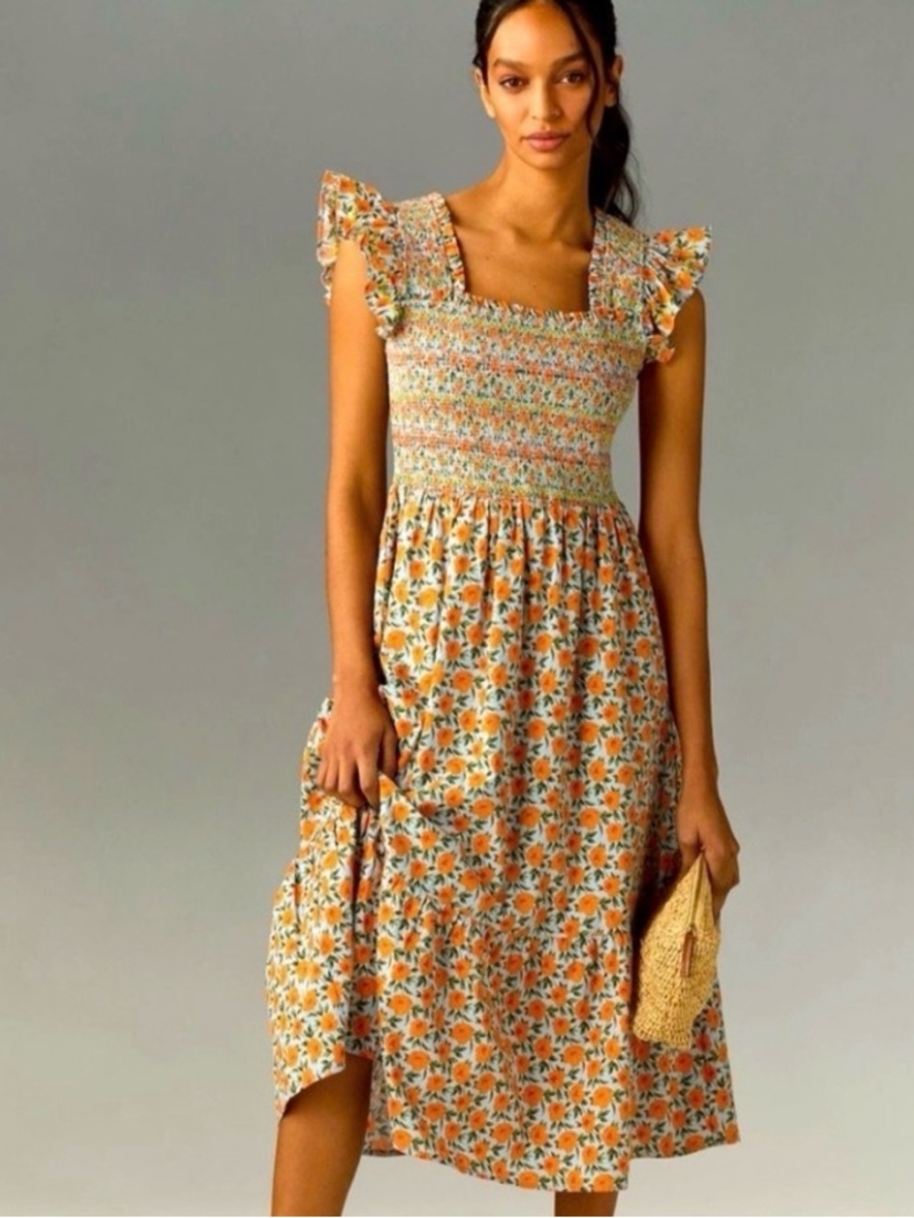 English Factory Orange Floral Smocked Midi Dress